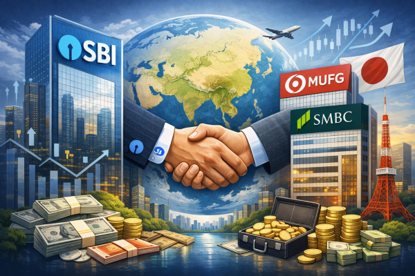 SBI and Japanese banks MUFG SMBC partnership illustration.