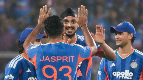 Indian cricket team celebrating victory over South Africa in Navi Mumbai