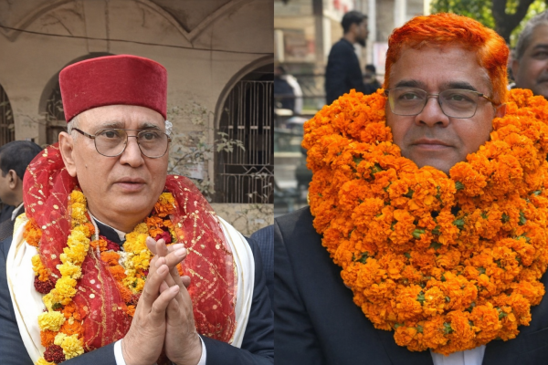 कानपुर बार एसोसिएशन चुनाव 2026 विजयी प्रत्याशी योगेंद्र अवस्थी लल्लन और विनय मिश्रा।
