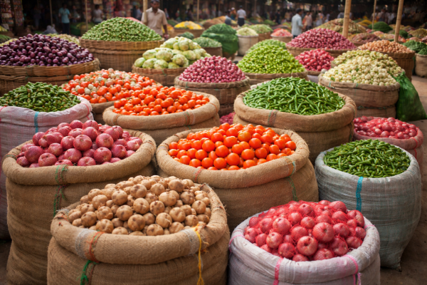 कानपुर चकरपुर मंडी में रखी ताजी सब्जियों की बोरियां।