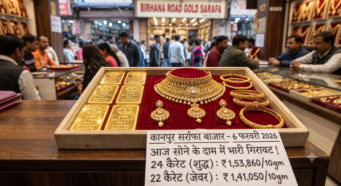 कानपुर सर्राफा बाजार में रखे सोने के बिस्कुट और 22 कैरेट सोने के गहने जिनके दाम आज गिरे हैं।