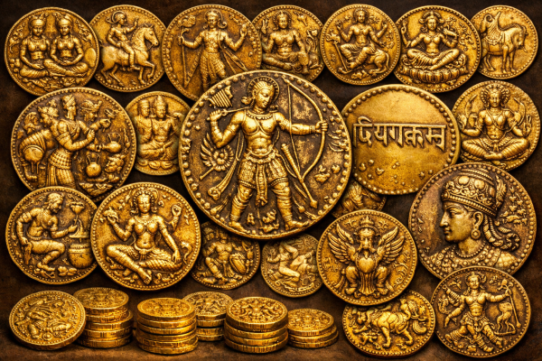 गुप्त कालीन सोने के सिक्के और मुद्राएँ।
