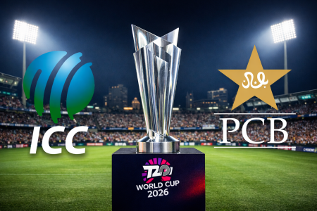 ICC and PCB logo for T20 World Cup 2026 discussion.
