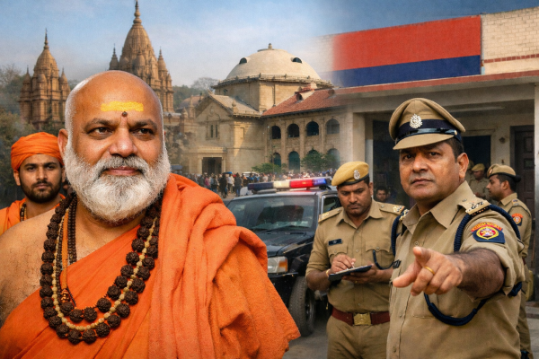 स्वामी अविमुक्तेश्वरानंद और प्रयागराज पुलिस की कानूनी कार्रवाई का प्रतीकात्मक चित्र