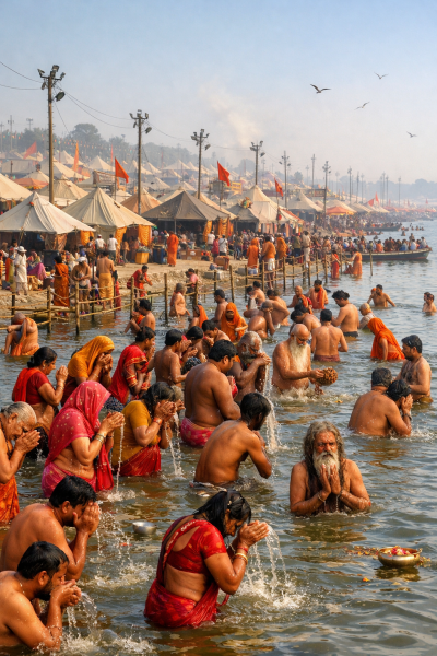 प्रयागराज संगम तट पर स्नान करते श्रद्धालु और कल्पवासियों के शिविर।