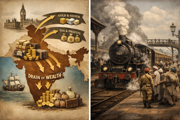 ब्रिटिश काल के दौरान भारत से धन की निकासी (Drain of Wealth) को दर्शाता मानचित्र और रेल
