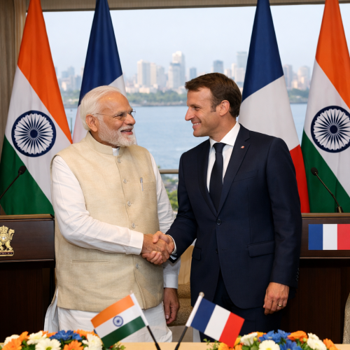 प्रधानमंत्री मोदी और राष्ट्रपति मैक्रों की मुंबई में द्विपक्षीय वार्ता।