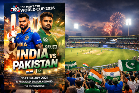 टी20 वर्ल्ड कप 2026 भारत बनाम पाकिस्तान मैच का आधिकारिक पोस्टर और कोलंबो स्टेडियम का दृश्य