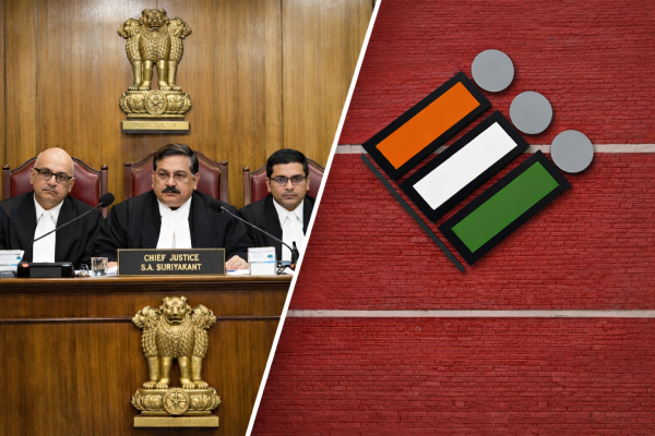 सुप्रीम कोर्ट की पीठ और निर्वाचन आयोग का लोगो - मतदाता सूची विवाद।