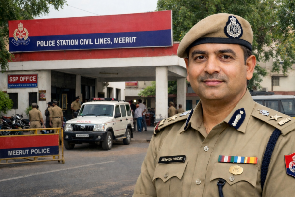 मेरठ पुलिस स्टेशन के बाहर का दृश्य और एसएसपी अविनाश पांडेय।