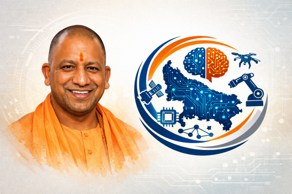 मुख्यमंत्री योगी आदित्यनाथ और यूपी एआई मिशन का लोगो।