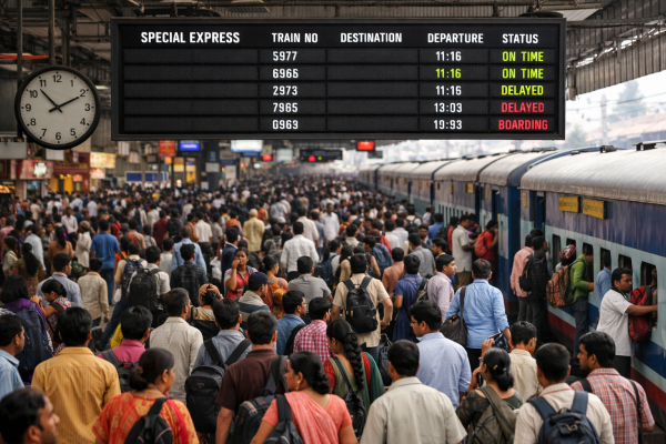 रेलवे स्टेशन पर यात्रियों की भीड़ और स्पेशल ट्रेन की जानकारी