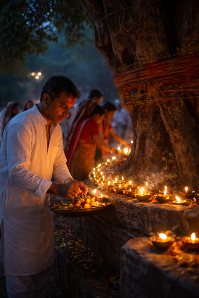 शनिवार के दिन पीपल के पेड़ के पास दीप दान करते श्रद्धालु