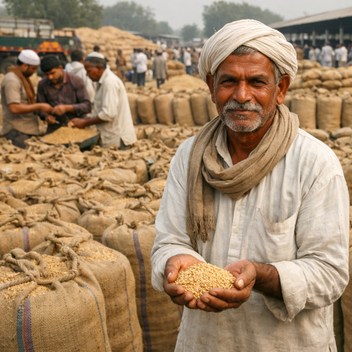 चकरपुर अनाज मंडी में गेहूं की बोरियां और किसान