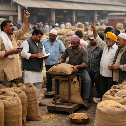 चकरपुर मंडी कानपुर में अनाज की नीलामी की प्रक्रिया।