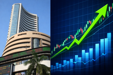 बॉम्बे स्टॉक एक्सचेंज (BSE) की इमारत और निफ्टी ग्राफ में तेजी की तस्वीर।