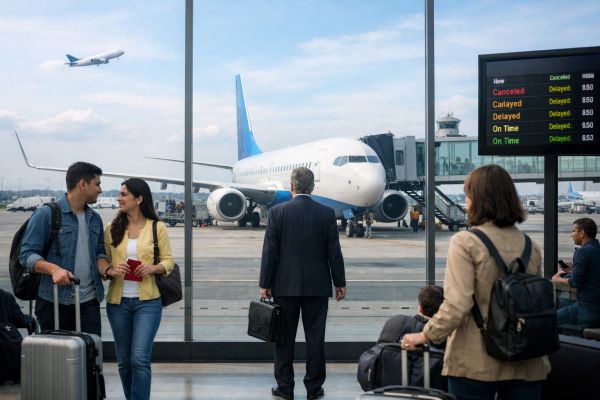 हवाई अड्डे पर विमान और यात्री - DGCA के नए रिफंड और कैंसिलेशन नियमों की जानकारी।