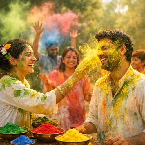 प्राकृतिक रंगों से होली खेलते लोग - रंग चिकित्सा (Chromotherapy)।