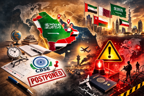 खाड़ी देशों में सीबीएसई परीक्षा स्थगन 2026 का नक्शा और सुरक्षा अलर्ट।