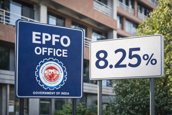 EPFO कार्यालय का साइन बोर्ड और 8.25% ब्याज दर की जानकारी।