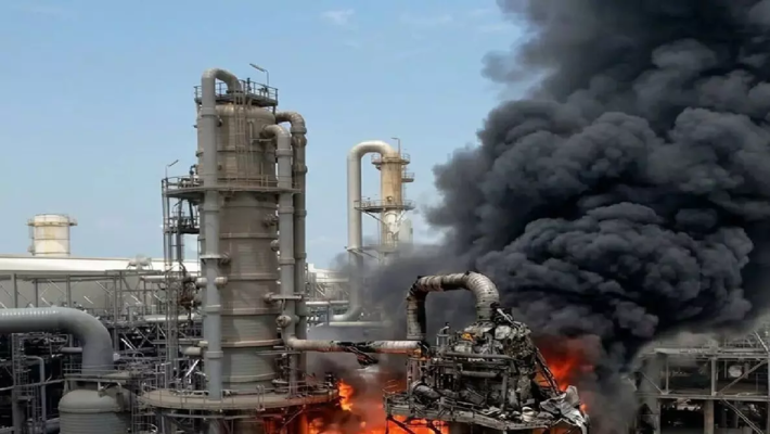 कतर के रास लफान LNG प्लांट पर मिसाइल हमले के बाद उठती आग की लपटें।