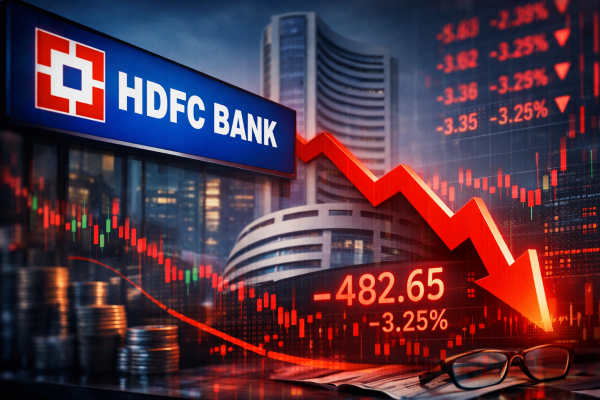 HDFC बैंक का लोगो और शेयर बाजार में गिरावट का सांकेतिक चित्र।