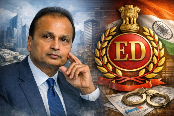 अनिल अंबानी और प्रवर्तन निदेशालय (ED) का लोगो।