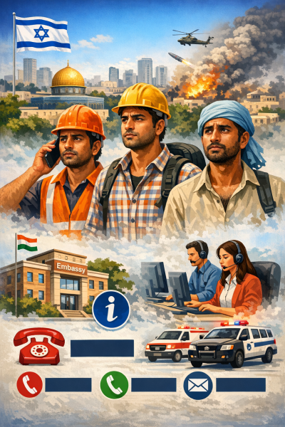 इजरायल में उत्तर प्रदेश के श्रमिकों की सुरक्षा के लिए जारी आधिकारिक सूचना और हेल्पलाइन नंबरों का पोस्टर