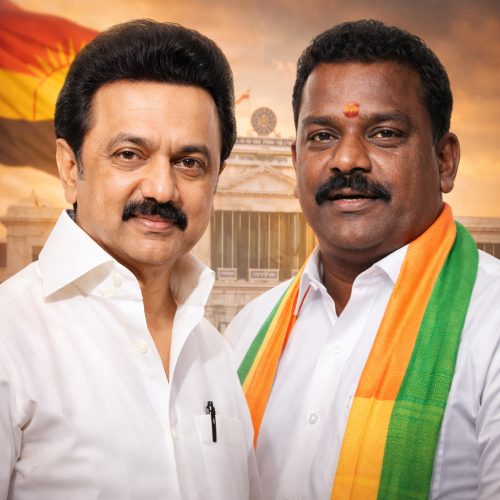 तमिलनाडु चुनाव 2026 के लिए प्रचार करते मुख्यमंत्री एम.के. स्टालिन और टी. वेलमुरुगन की सांकेतिक तस्वीर।