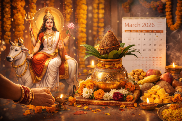 चैत्र नवरात्रि 2026 घटस्थापना और मां शैलपुत्री पूजा की तस्वीर।
