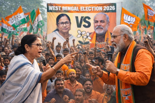 पश्चिम बंगाल चुनाव 2026 में ममता बनर्जी और भाजपा के बीच चुनावी मुकाबला।