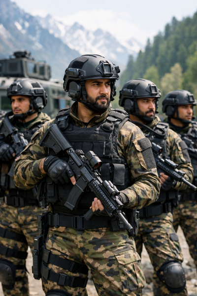 जम्मू-कश्मीर पुलिस के जवान अत्याधुनिक बुलेट प्रूफ जैकेट और हथियारों के साथ।