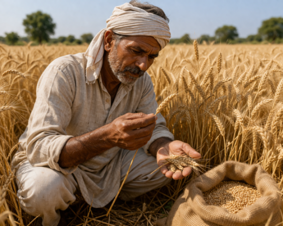 किसान अपनी गेहूं की फसल की गुणवत्ता चेक करते हुए।