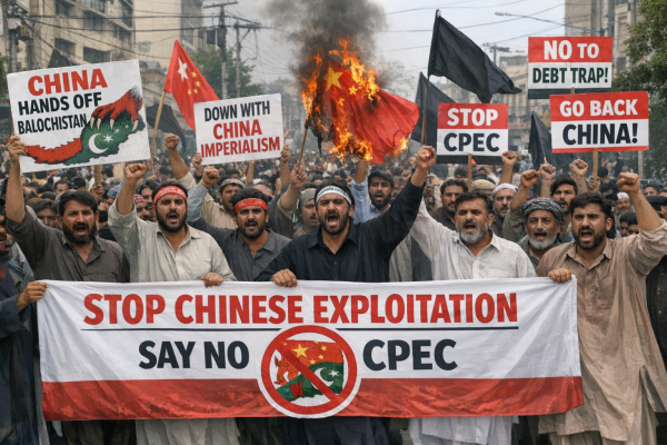 चीनी निवेश और CPEC परियोजनाओं के खिलाफ प्रदर्शन का दृश्य।