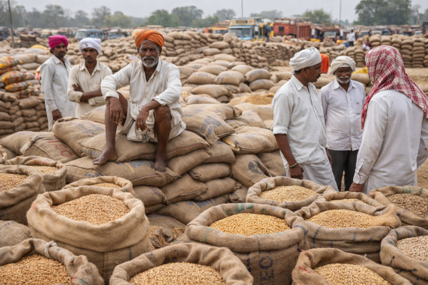 किसान और अनाज की बोरियां