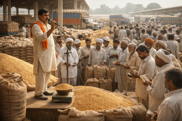 कानपुर मंडी में गेहूं की नीलामी और आवक का दृश्य 2026