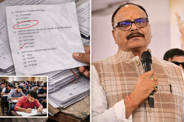 यूपी पुलिस भर्ती परीक्षा का विवादित प्रश्न पत्र और डिप्टी सीएम ब्रजेश पाठक की फोटो।