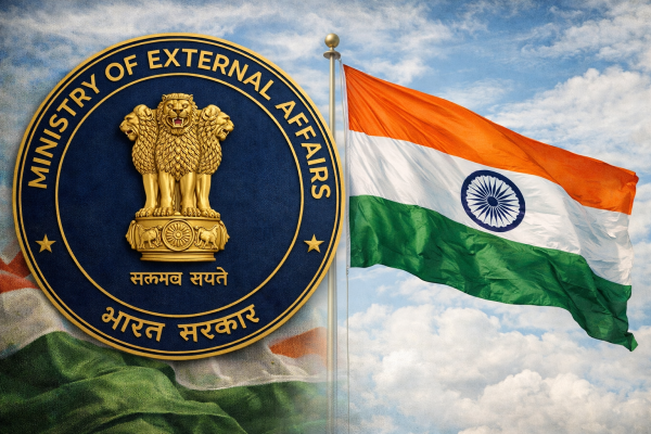 विदेश मंत्रालय (MEA) का आधिकारिक लोगो और भारतीय ध्वज