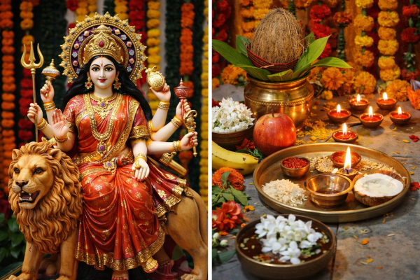 माँ कूष्मांडा की दिव्य प्रतिमा और नवरात्रि पूजा की सामग्री।