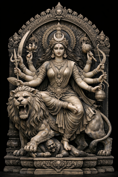 माँ चंद्रघंटा का भव्य स्वरूप, दस भुजाओं में अस्त्र धारण किए हुए दिव्य प्रतिमा।