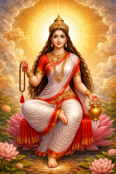 माँ ब्रह्मचारिणी का दिव्य स्वरूप और हाथ में जप माला।