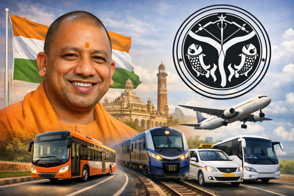 उत्तर प्रदेश के मुख्यमंत्री योगी आदित्यनाथ और परिवहन विभाग का लोगो।