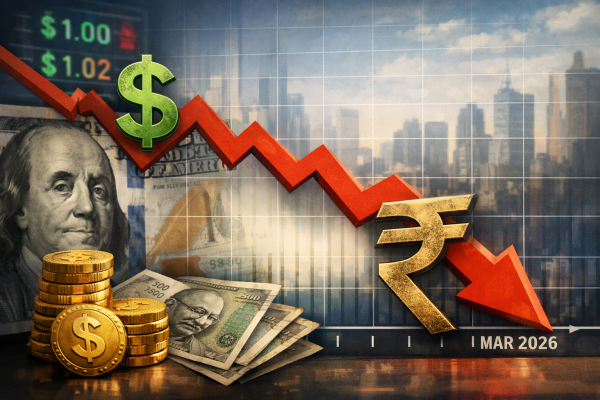 अमेरिकी डॉलर के मुकाबले गिरता भारतीय रुपया और ग्राफ - मार्च 2026।