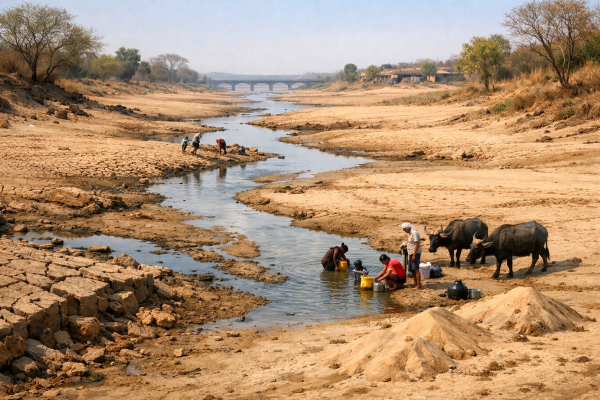 बांदा की केन नदी का सूखता हुआ किनारा और जल स्तर में गिरावट।