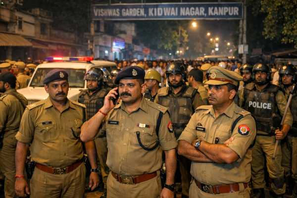 कानपुर के किदवई नगर में घटना के बाद तैनात पुलिस बल और अधिकारी।