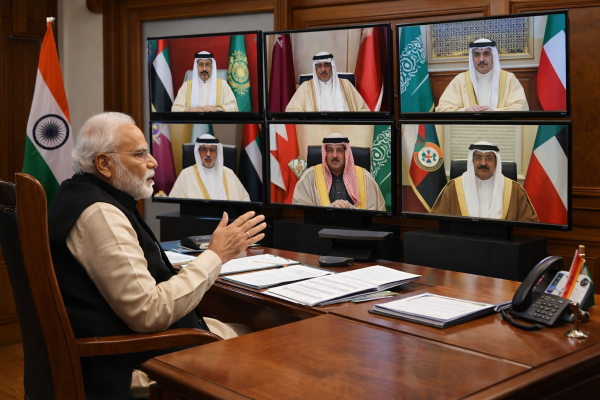 प्रधानमंत्री नरेन्द्र मोदी खाड़ी देशों के नेताओं से बात करते हुए - कूटनीतिक सक्रियता।
