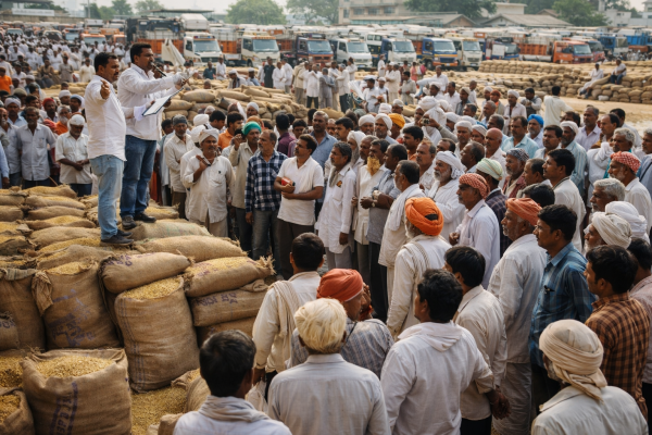 कानपुर मंडी में अनाज की नीलामी और किसानों की भीड़