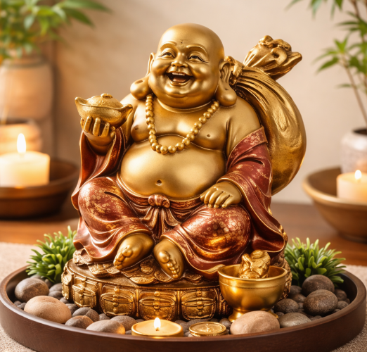Laughing Buddha statue for home peace in Hindi