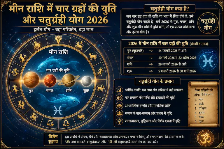 मीन राशि में चार ग्रहों की युति और चतुर्ग्रही योग 2026 का ज्योतिषीय चार्ट।