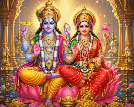 भगवान विष्णु और माता लक्ष्मी की प्रतिमा, जो आध्यात्मिक शांति और समृद्धि का प्रतीक है।